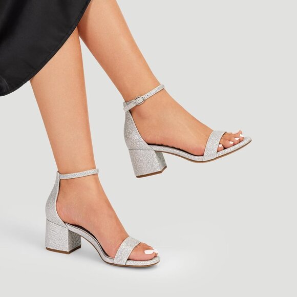 Dream Pairs Women's Silver/Glitter Chunky Block Heel Ankle Strap Sandals - Picture 7 of 8